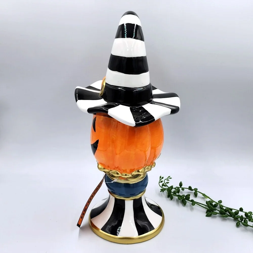 Ghoulish Pumpkin Pedestal Figurine Halloween Black White Striped Witch 14